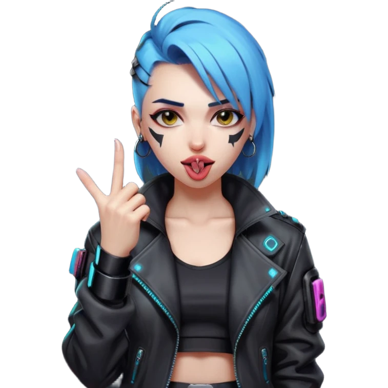 Woman with her tongue out in cyberpunk clothing and giving the middle finger. Looking naughty. emoji