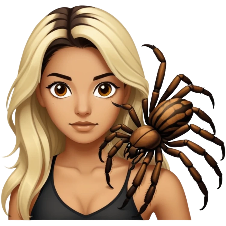 Ridiculously Attractive and athletic Mexican woman in her 20s with long dark brown hair with blonde highlights, with a tarantula emoji