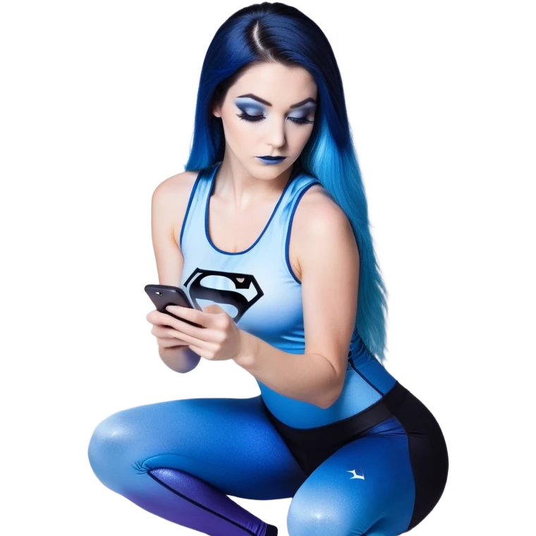 Shameful-head tilted-texting on phone-very very very large upper body-sexy face-bending forward at waist-very long very straight dark blue to light blue ombre hair-and-blue eyes-thick black eyeliner-thick long eyelashes-iridescent blue lowcut tanktop with black leggings with glitter superman logo emoji