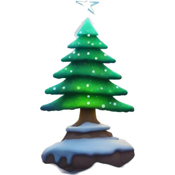 Christmas tree with snow covering, sits under northern lights emoji