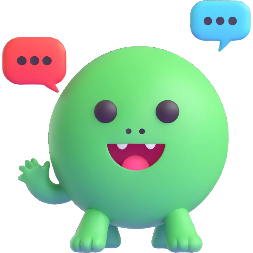 Retro game mascot — like a Tamagotchi-style AI creature, round and colorful with a speech bubble. emoji