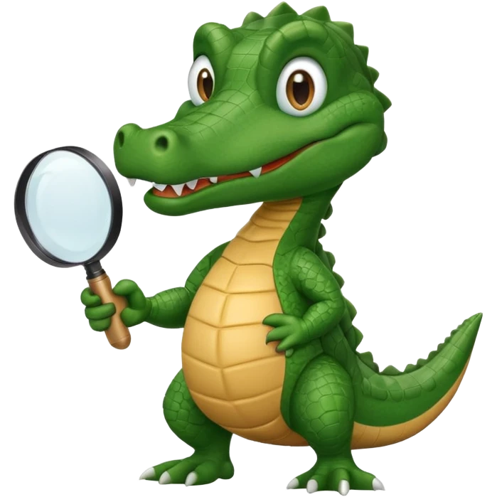 A green academic cartoon gator with a magnifying glass on a light background emoji