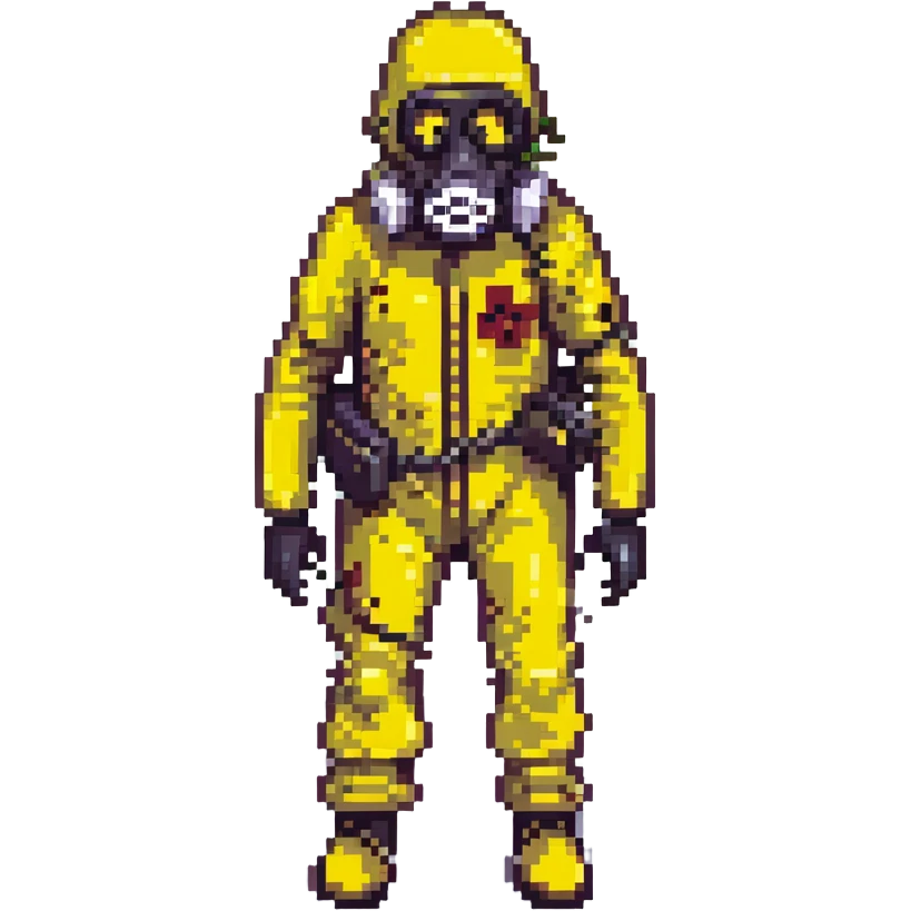 a zombie from the game DAYZ wearing a yellow hazmat suit with a black gasmask emoji