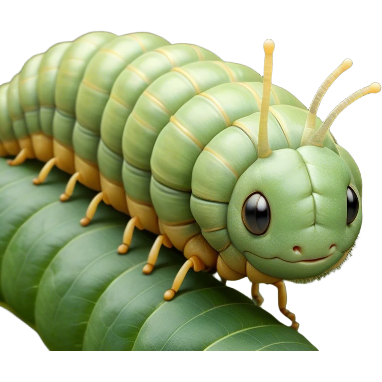 Beautiful and Majestic Caterpillar Portrait Emoji, Head and body rendered in serene repose with a gentle, content smile, showcasing a delicately segmented form with softly textured hues and eyes peacefully closed in tranquil slumber, Simplified yet exquisitely endearing features, highly detailed, glowing with a soft, drowsy natural light, high shine, relaxed and utterly noble, stylized with an air of graceful metamorphosis, soft glowing outline, capturing the essence of a beautiful and majestic caterpillar that embodies the quiet promise of transformation! emoji