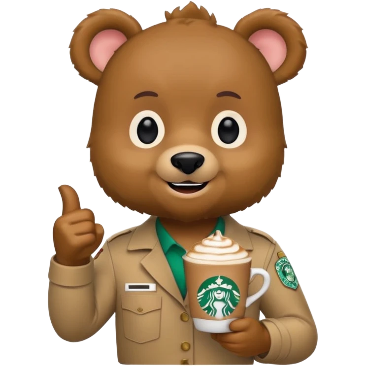 A Funko pop-style bear starbucks worker pointing to the left holding a cappuccino  emoji