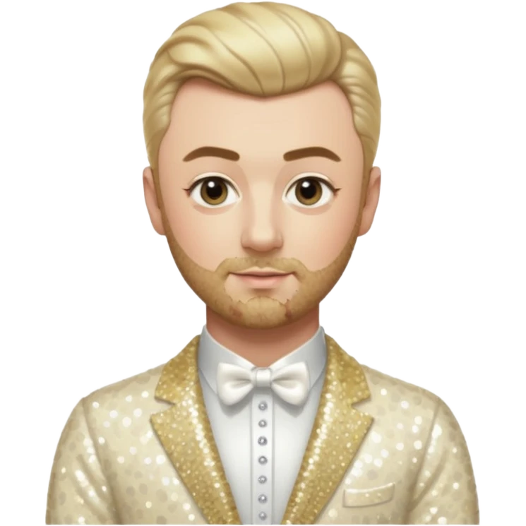 Sam Smith with blonde hair and short beard, cream sequin outfit emoji