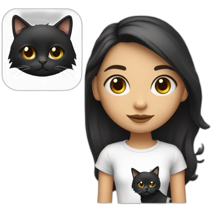 Une fille blanche au chexveux noir et long avec un t-shirt de chat emoji