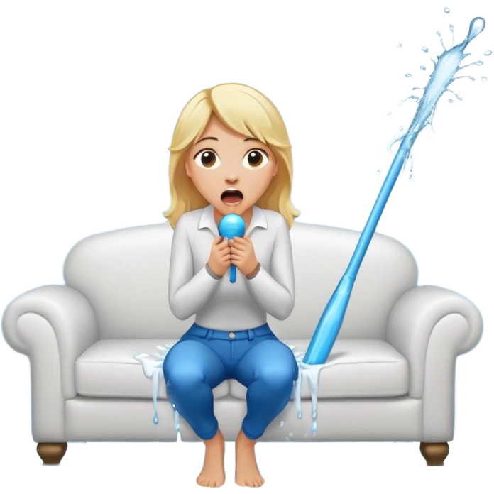 simple blond woman kneeling, surprised, big cartoon stick with D-shaped knob emerging from hanging pants, water splash into her mouth, white sofa in the background emoji