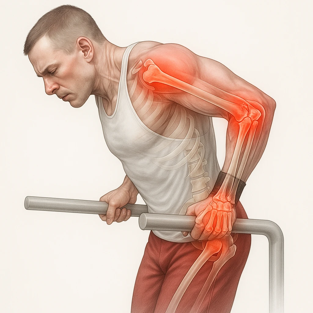 A hyper realistic anatomical illustration of a man performing a dip exercise with evident joint stress. The shoulder, arm, and elbow joints are highlighted in bright red with an X-ray effect showing inflamed joints. Clinical atmosphere with a white background. emoji