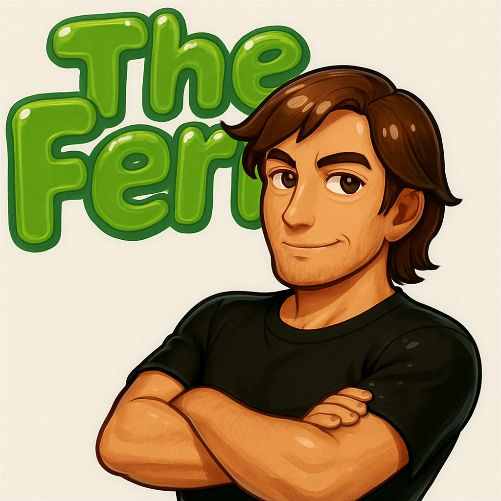 Make the brunette anime man look a little older (late 20s to early 30s) with more mature facial features, still leaning to the side with arms crossed, in front of green bubble letters that say 'The Fern'. He should have a black t-shirt, no jacket, medium-length brown hair, and an expressive anime face. Keep the rounded, glossy, energetic vibe as in the original style. emoji