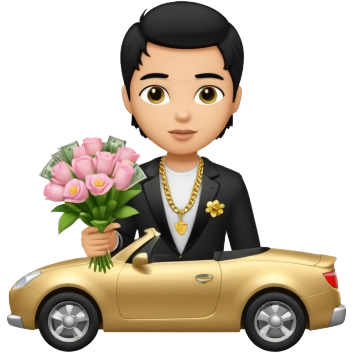 a pretty bratz boy with black hair, holding a bouquet made of money, car behind him emoji