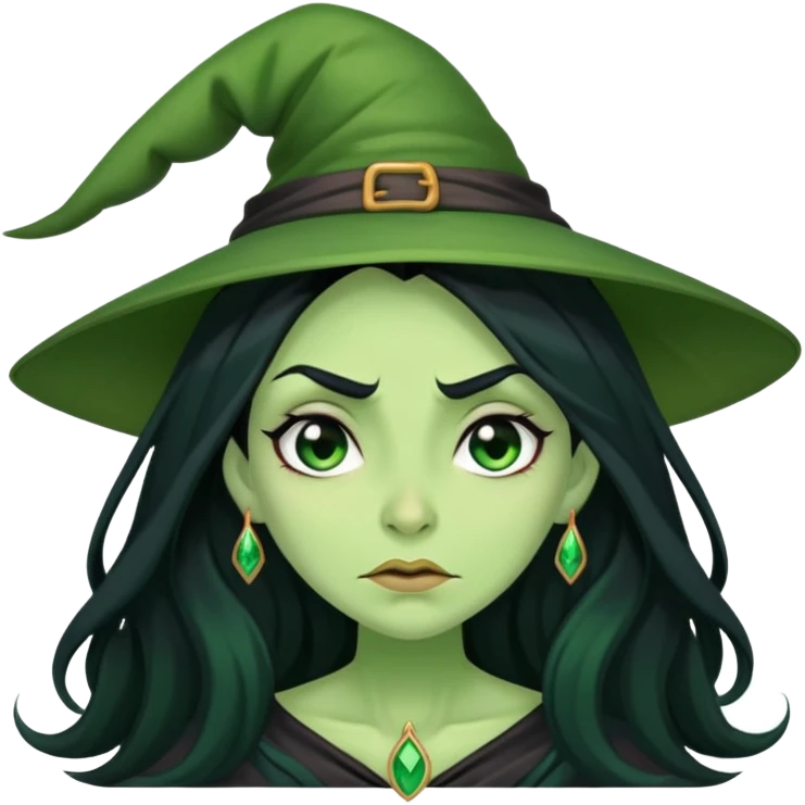 Green-skinned witch with long black hair, embarrassed expression, blushing emoji