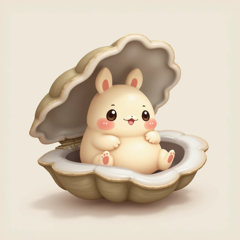 cute oyster with smiling expression, cream color, pink cheeks, doe eyes, greige shell, photorealistic style emoji