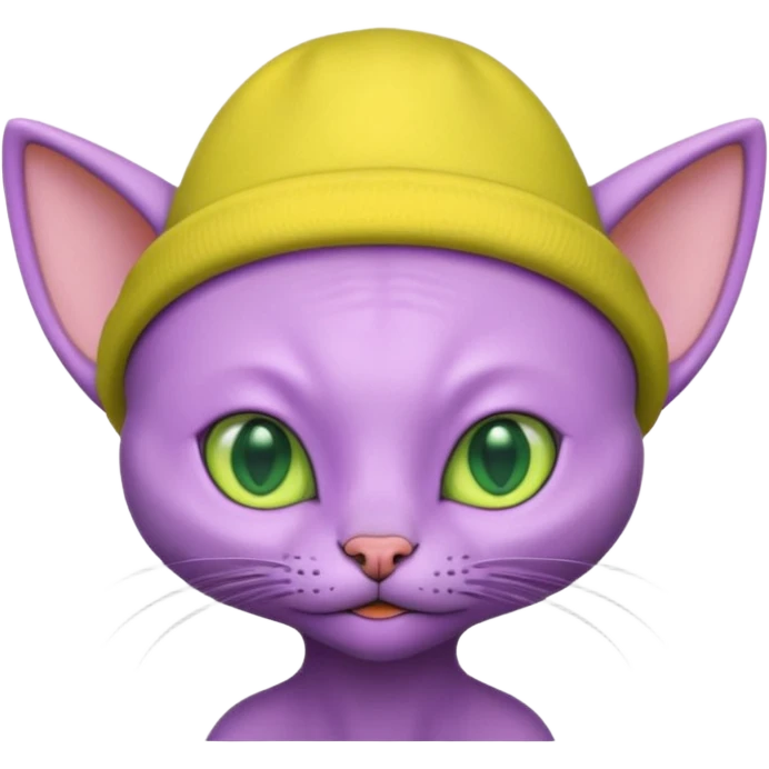 purple alien cat with no fur and yellow hat emoji