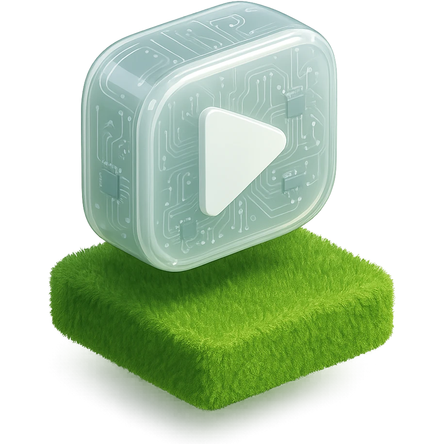 white YouTube play button inside a grass box emoji