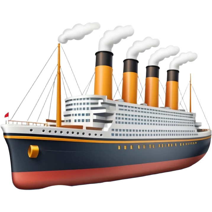 A miniature 3D Titanic ship emoji in Apple style, small and compact with smooth glossy surface, bright clean colors, simplified but recognizable details like smokestacks and windows, no facial features, floating on calm ocean, soft shadows, high-quality render, isolated on white background.



 emoji