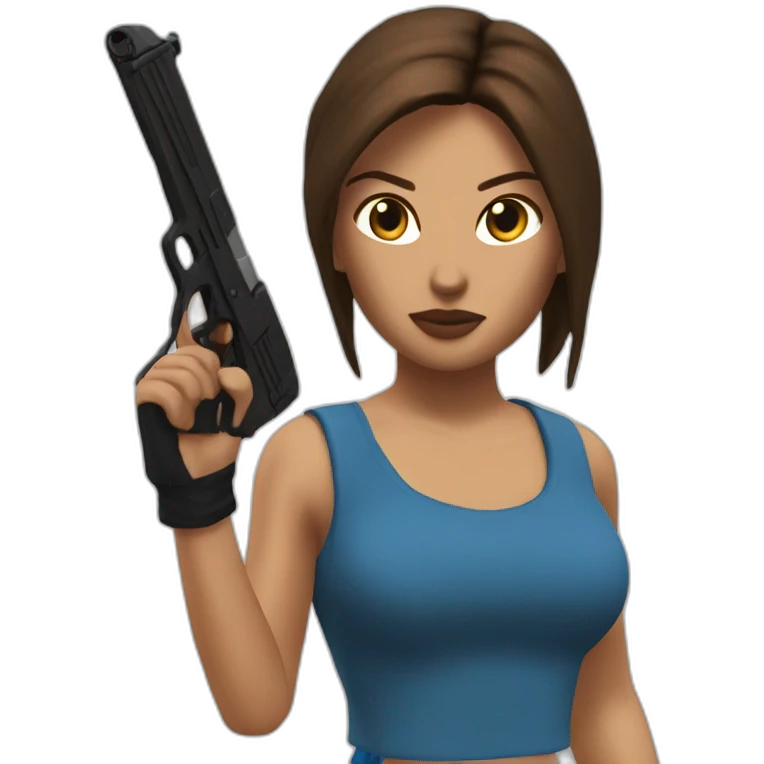 Lara Croft blue top with brown short and pistols emoji