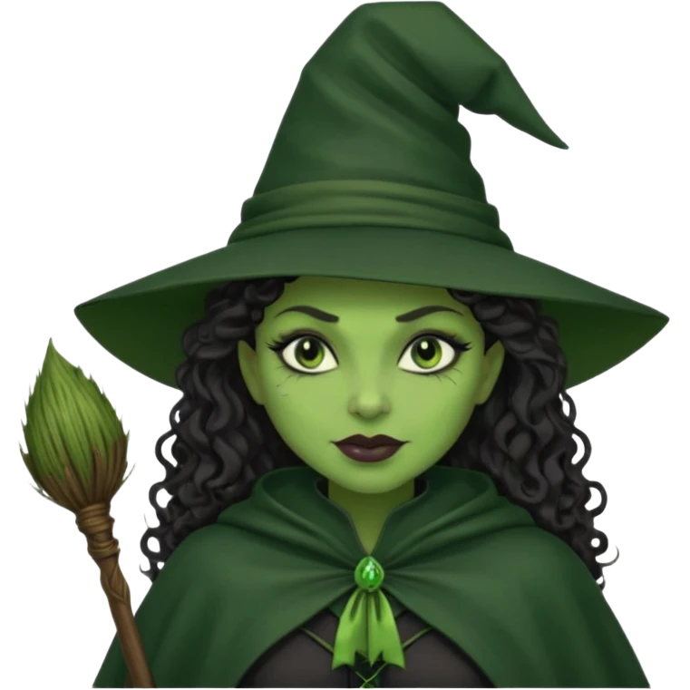 elphaba wicked witch with broom close up, evil dark curly hair, green skin, thick lips, cheekbones, smirk evil menacing cythia erivo dark aesthetic black hat cloak  emoji
