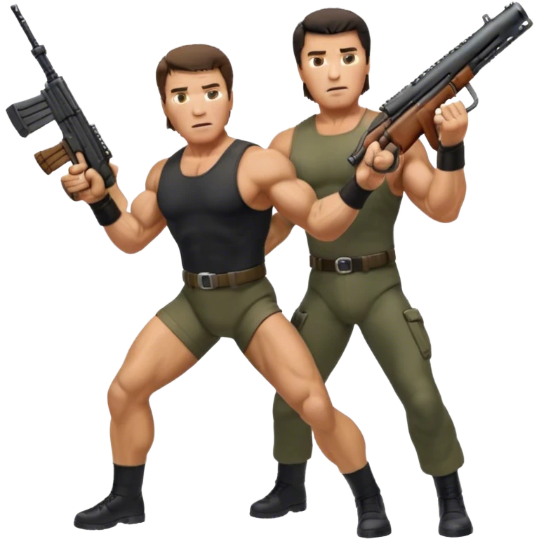 Icon for Action Movies: Schwarzenegger as John Matrix in Commando and Stallone as John Rambo in Rambo, both in iconic action poses with weapons, intense expressions, and explosive backgrounds. Powerful and dynamic with dramatic lighting. Transparent background. emoji