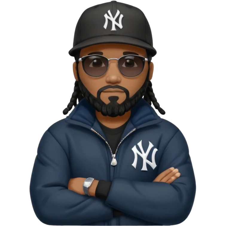 African American man with shoulder length black dreadlocks and black beard wearing black sunglasses with a New York Yankees baseball cap wearing a dark black bubble winter coat with arms folded emoji