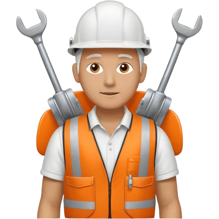 Guy with white head protection with ear noise canceller and orange vest With spanner. On his side carrying side panels for the white server racks emoji