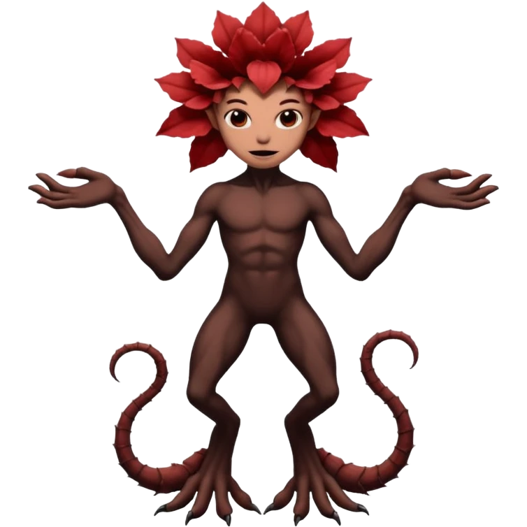 A flower like a monster with arms and legs, the body is a little bit black and the another bit brown like a demogorgon the head part red emoji