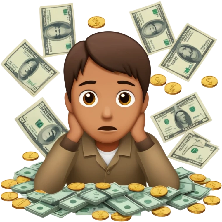 surrounded by coins and bills, looking confused emoji