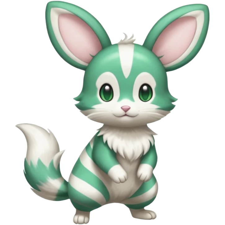emerald-green, white Purrloin-Minccino-Emolga-fusion (full body) with vertical white stripes running down the whole body emoji
