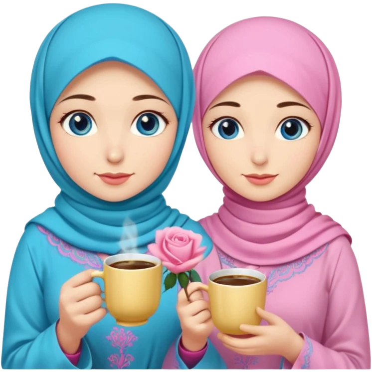 Turkish beautiful finish Konya three girls blue eyes with pink rose and turkis butter yellow hijab islamic dress and had on her hand turkish coffee   emoji