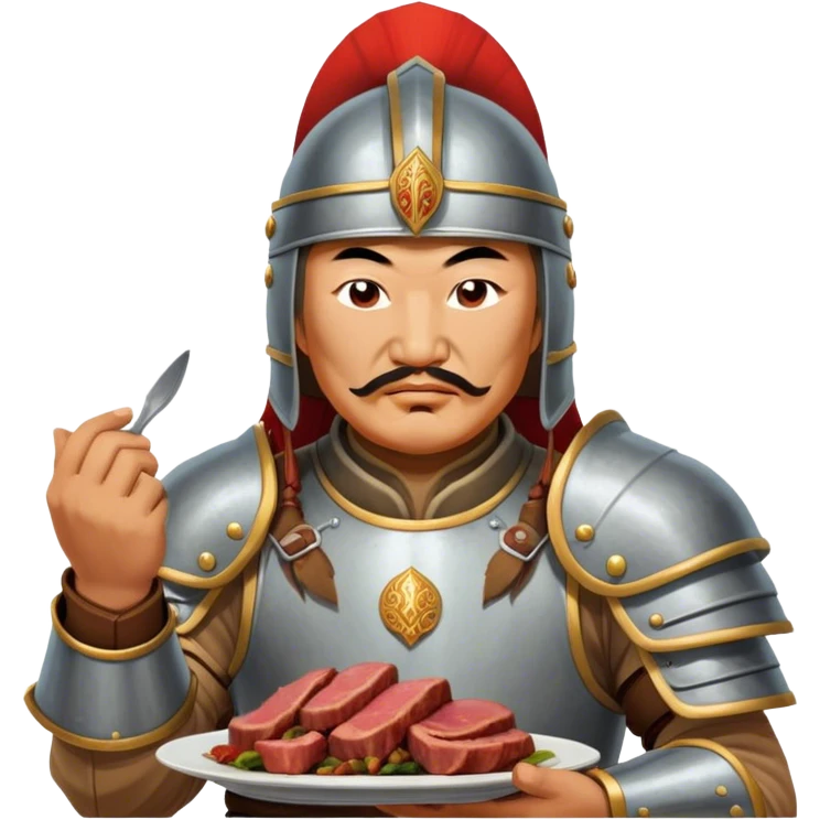 genghis khan with armor and helmet eats cooked meat with hands emoji