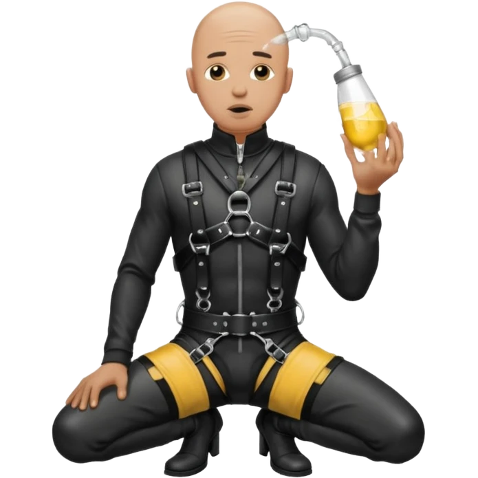 submissive bald man on his knees in a black leather harness standing man in leather, pouring piss down his throat emoji
