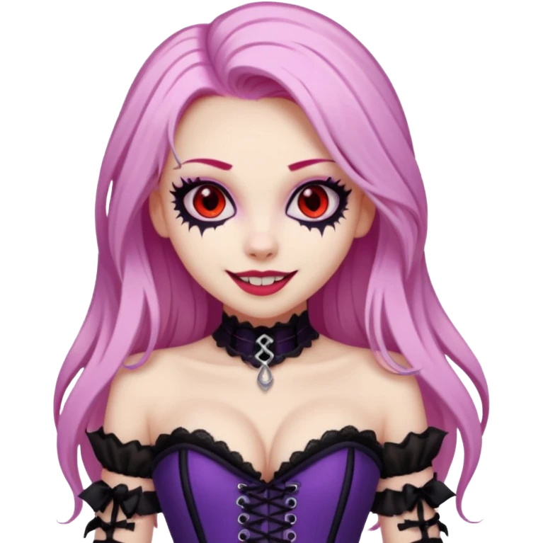 pretty scary girl, long straight LIGHT pink HAIR,SCARY RED eyes, black eyeliner, pale skin, purple corset clothes with laces, AND WITH A GRIN SMILE  emoji