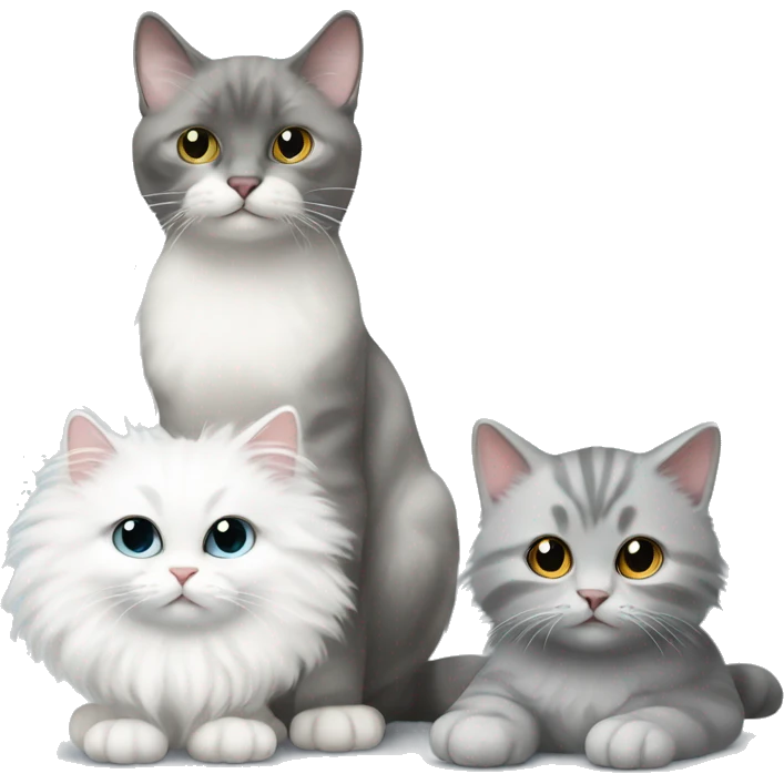 White fluffy cat with 1 white baby and grey baby cat emoji