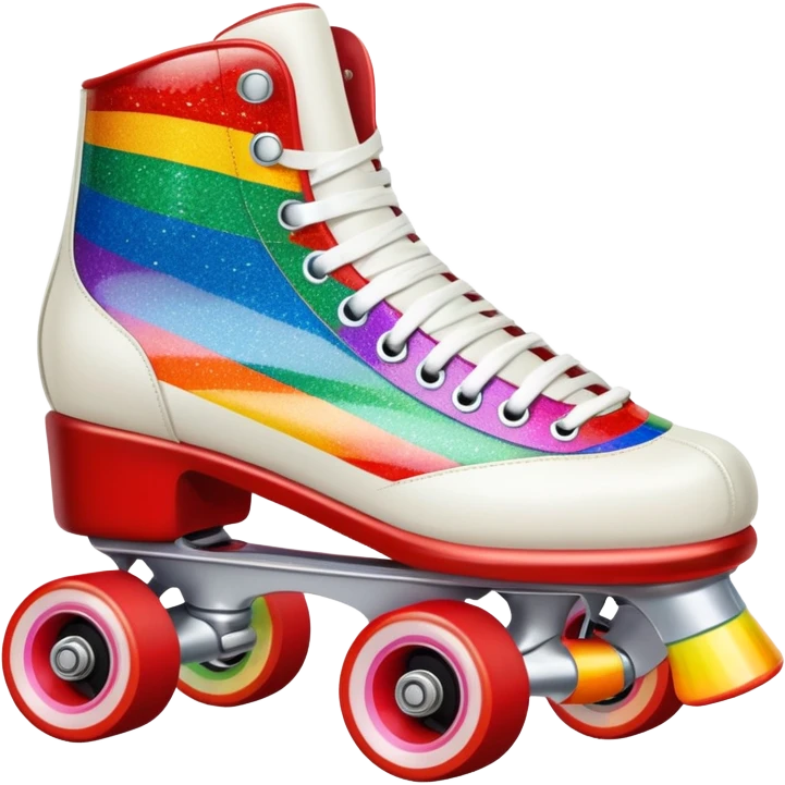red vintage glitter roller skate with a white leather boot, rainbow stripes glitter emoji