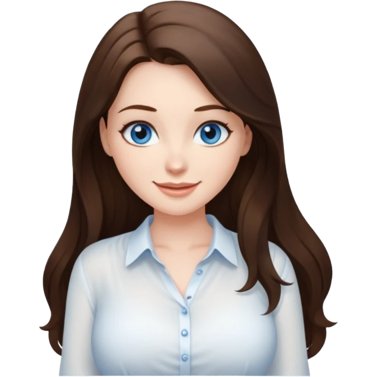 sexy woman brunette, very large breasts, pale skin, blue eyes, long brown hair, white blouse, short black skirt. office.  emoji