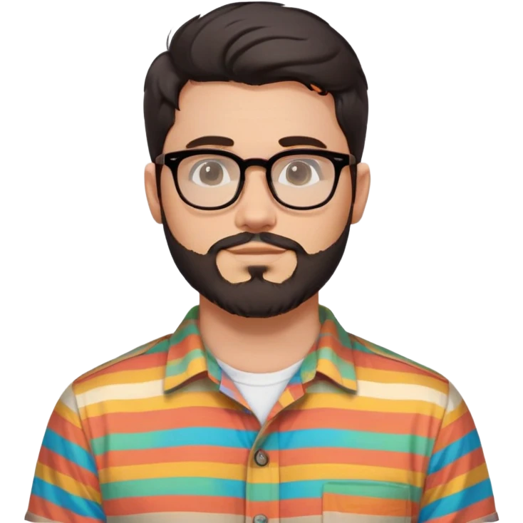 a 30-year-old man with light skin, medium solid build, wide face, soft cheeks, rounded jawline, neutral relaxed expression, short dense full beard, wavy voluminous brown-black hair at the front, large rectangular black thick frame glasses, colorful button-up shirt open showing white t-shirt emoji