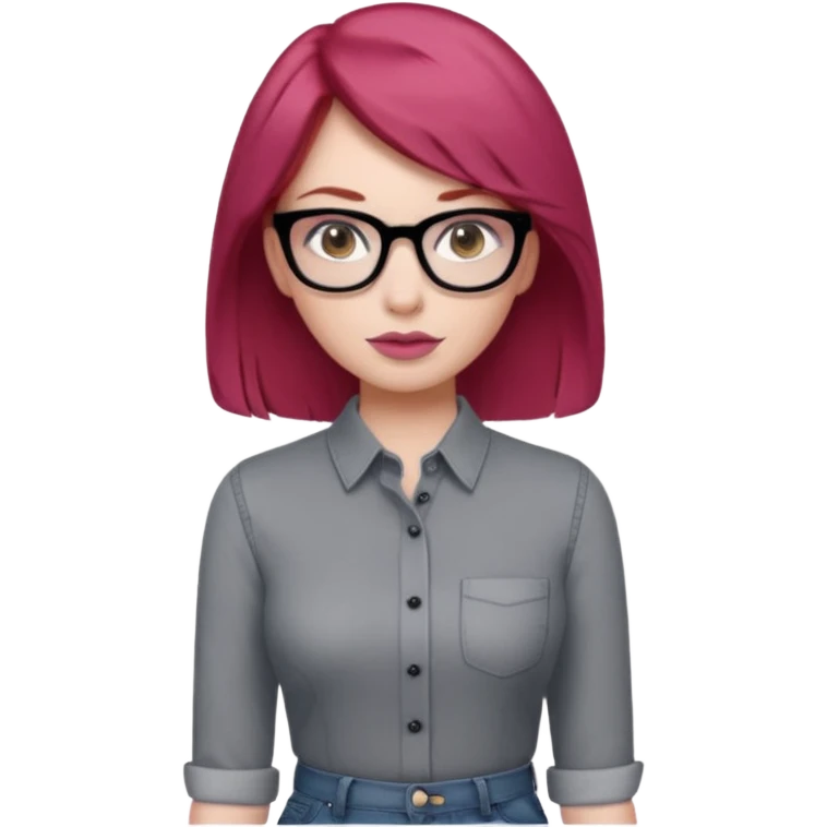 A girl with red hair, slightly past her shoulders, white skin, dark brown eyes, pink lips, and a skinny figure. She's wearing a gray blouse and oxford jeans, with black glasses. emoji