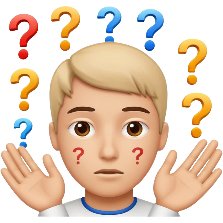 person thinking with question marks and symbols of analysis and experimentation emoji