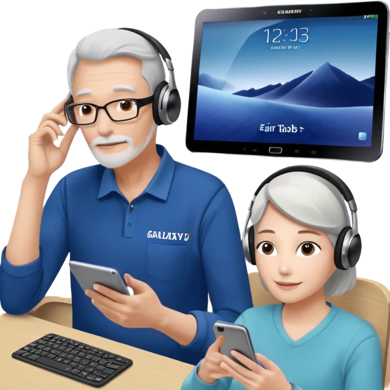 Please make it again in the style you just sent me. All devices should be Galaxy.
1. MZ users using headsets and watching youtube
2. A person holding a tablet in one hand and a smartphone in the other
3. Senior who enjoys looking at his cell phone
4. Creators working hard with Galaxy Tab + keyboard  emoji