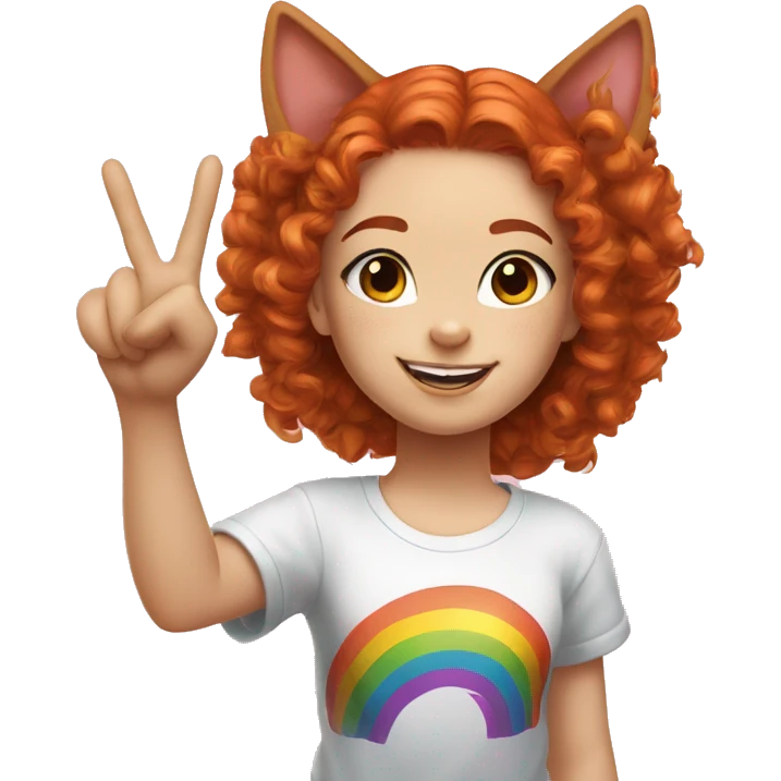 a white girl with long red curly hair in a pony tail with rainbow shirt does peace sign wearing cat ears one black other white emoji