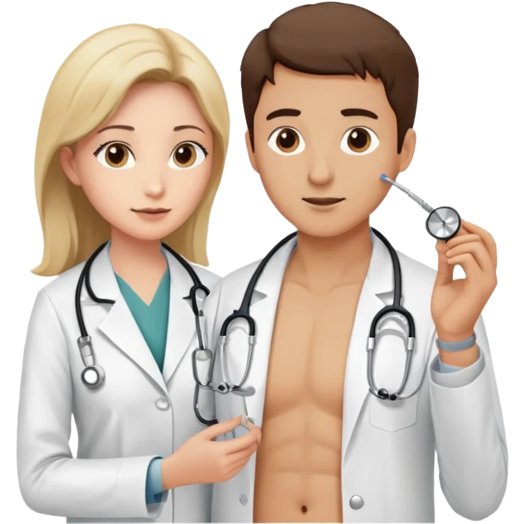 Female doctor in white coat using stethoscope to examine male patient's bare upper body during medical check-up emoji