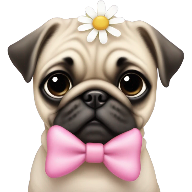 Baby pug with big pink
eyes wearing a pink bow on her head and a daisy in her mouth  emoji