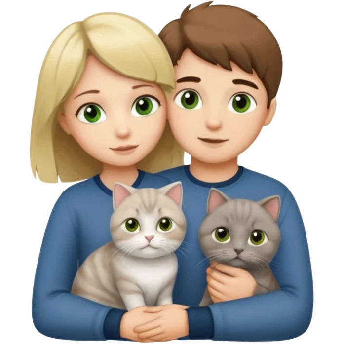 Blonde green eyed girl and brown Hair boy in love hugging a grey scottish fold cat emoji