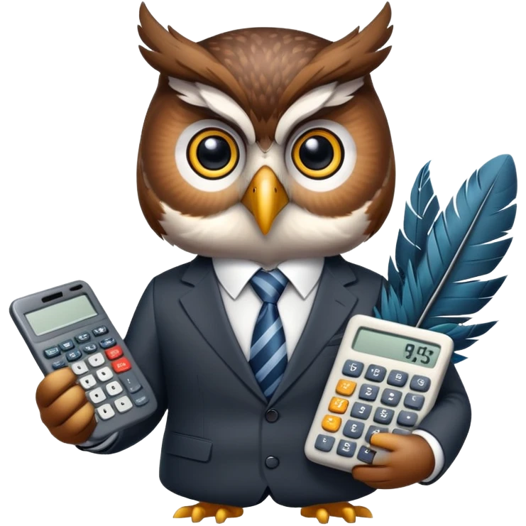 Twilio owl wearing finance outfit with business suit and tie, holding calculator emoji