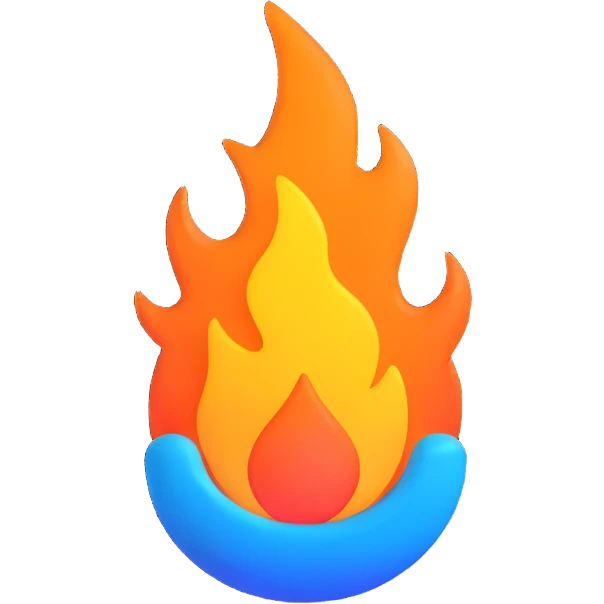 classic fire emoji, 3D style, blue to orange gradient, glossy and smooth, matching reference image, new shape variation emoji