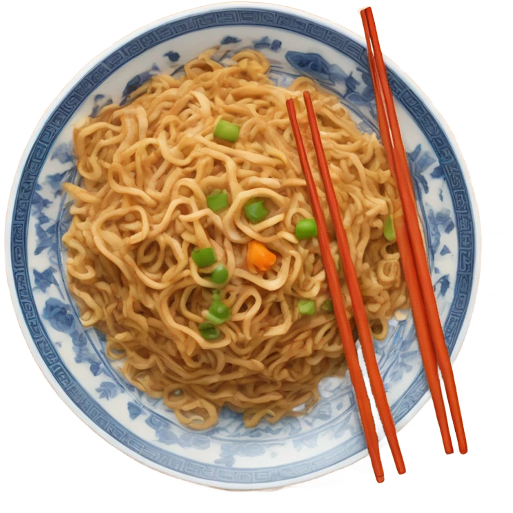 Chinese fried noodle in white and blue plate with orange spoon and chopsticks emoji