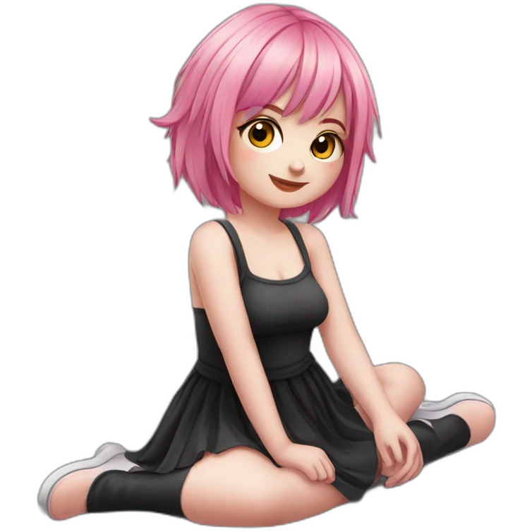 Full body Front view curvy emo girl pink hair sits on the floor straight view hands up black skirt полосатые рваные чулки emoji