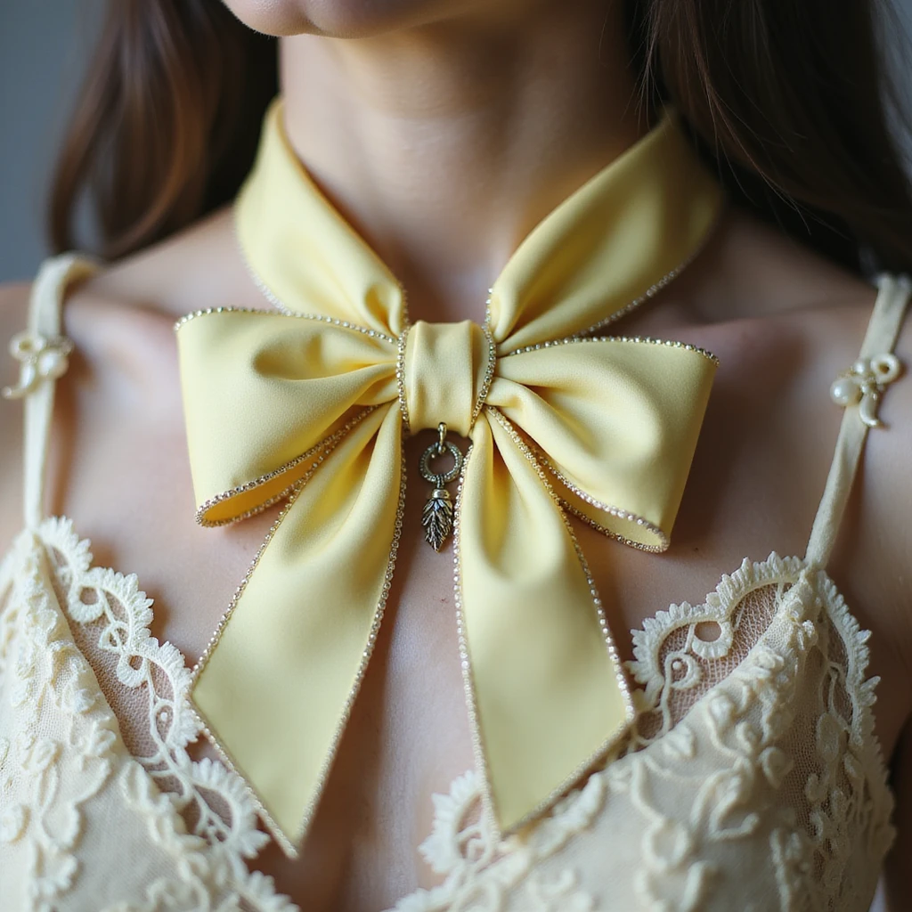 pastel yellow gothic bow and matching necklace, lace and velvet details, photorealistic style, transparent background, variation 3 emoji