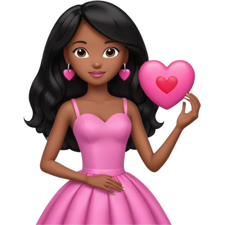 Black barbie, long black  hair, pink dress holding big heart that says heart me emoji