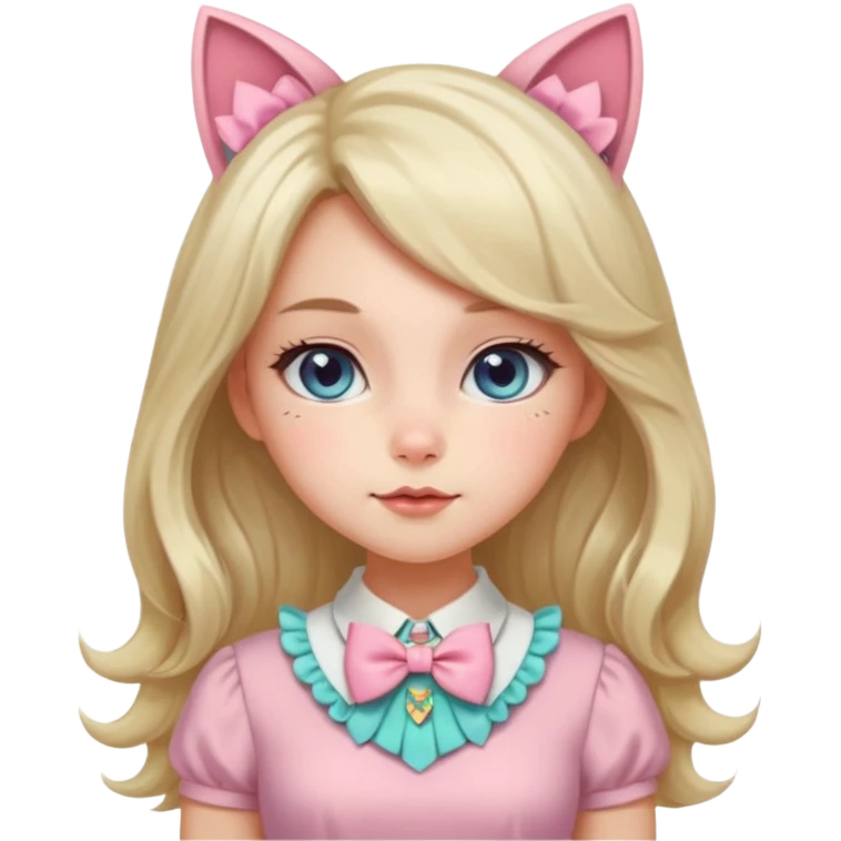 Gorgeous pastel anime style lady with blushing cheeks, cat ears, long beautiful luscious stylish hair, big pretty eyes, cute colorful pastel dress and skirt and bow ties, and necklace emoji